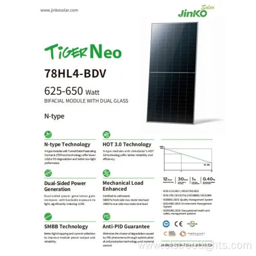 High PV Efficiency 625~650W N-Type Bifacial Solar Panels with TOPCon Technology for Solar Systems